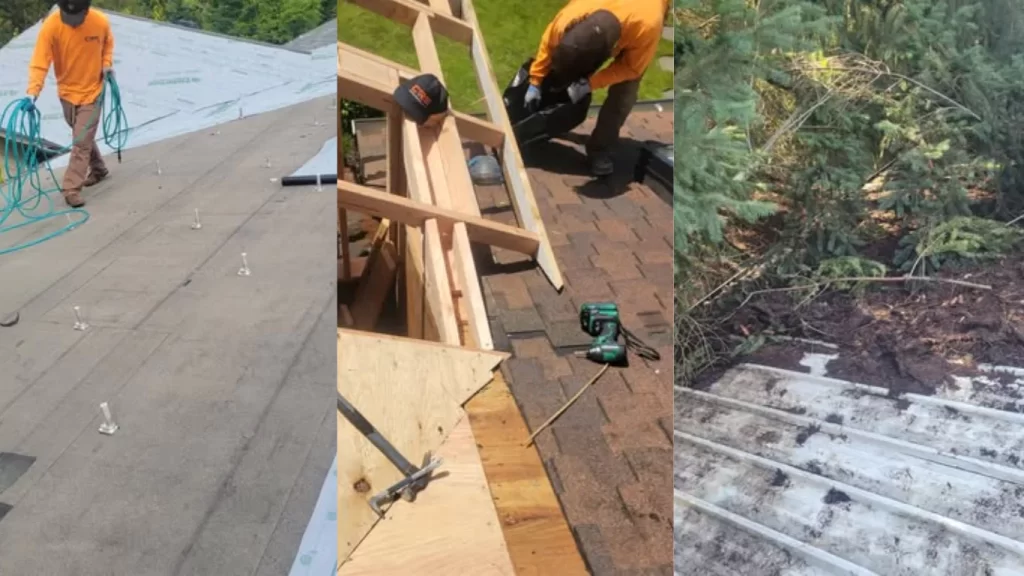 A collage showing a roofing company in Portland carrying out a roof replacement, from the damaged old roof to the new installation in progress.