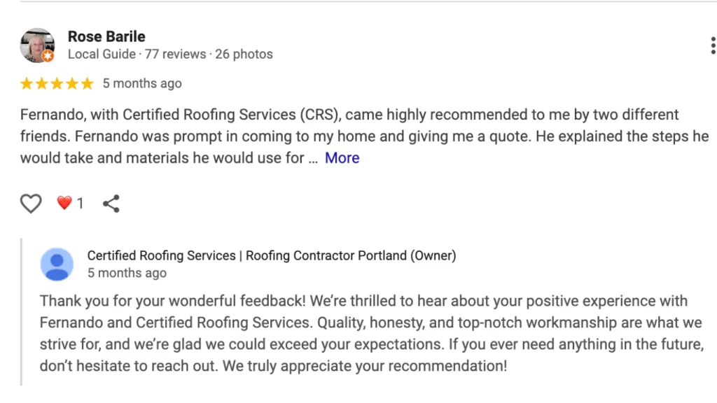 A glowing 5-star review for Certified Roofing Services from a "Local Guide" named Rose Barile, with a gracious response from the company.