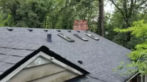 A newly installed dark shingle roof with multiple skylights and vents, completed by a professional roofing company in Portland, set against a backdrop of green trees.