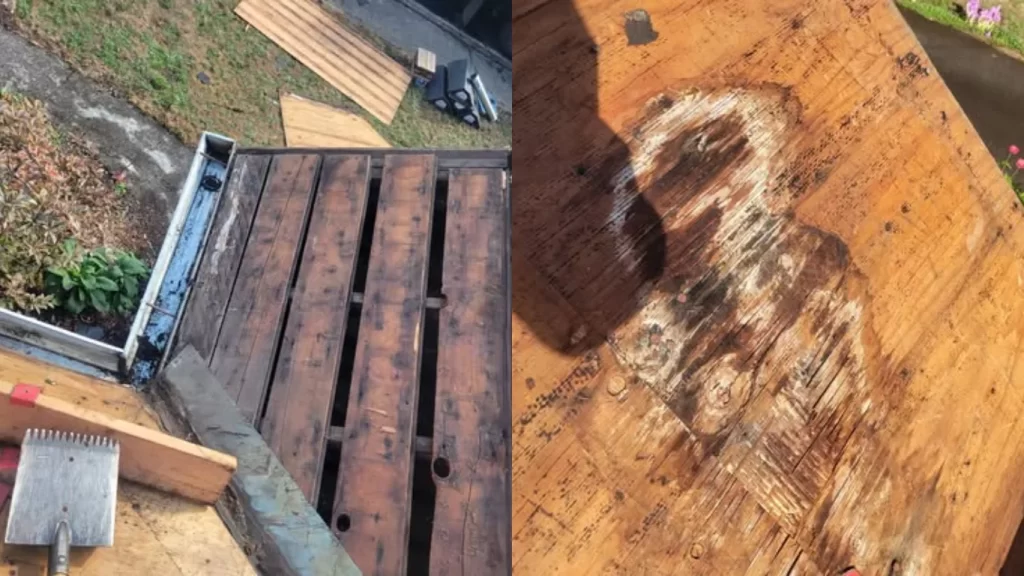 A split-screen image showing close-ups of a roof in disrepair, with weathered wooden planks and visible water damage.