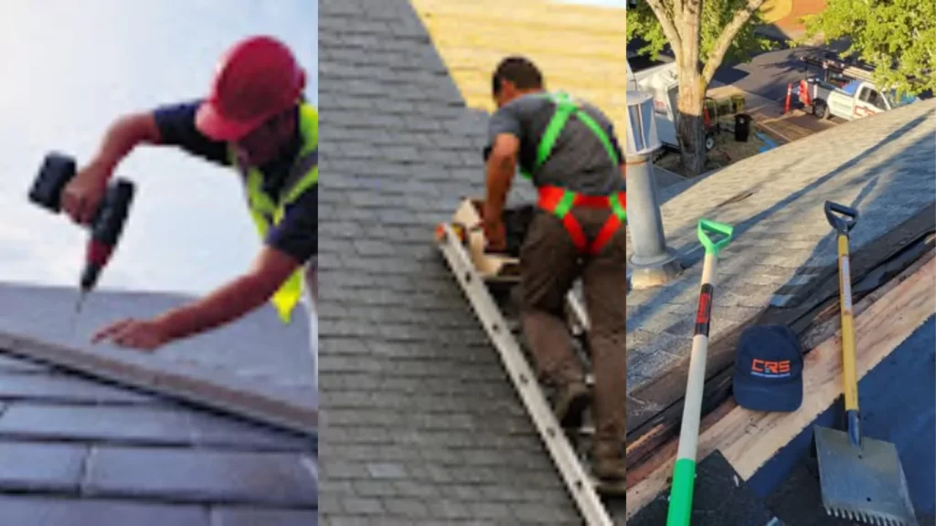 A collage of images from a roofing company in Portland, showing a roofer with a drill, another on a ladder, and tools on a roof under construction.