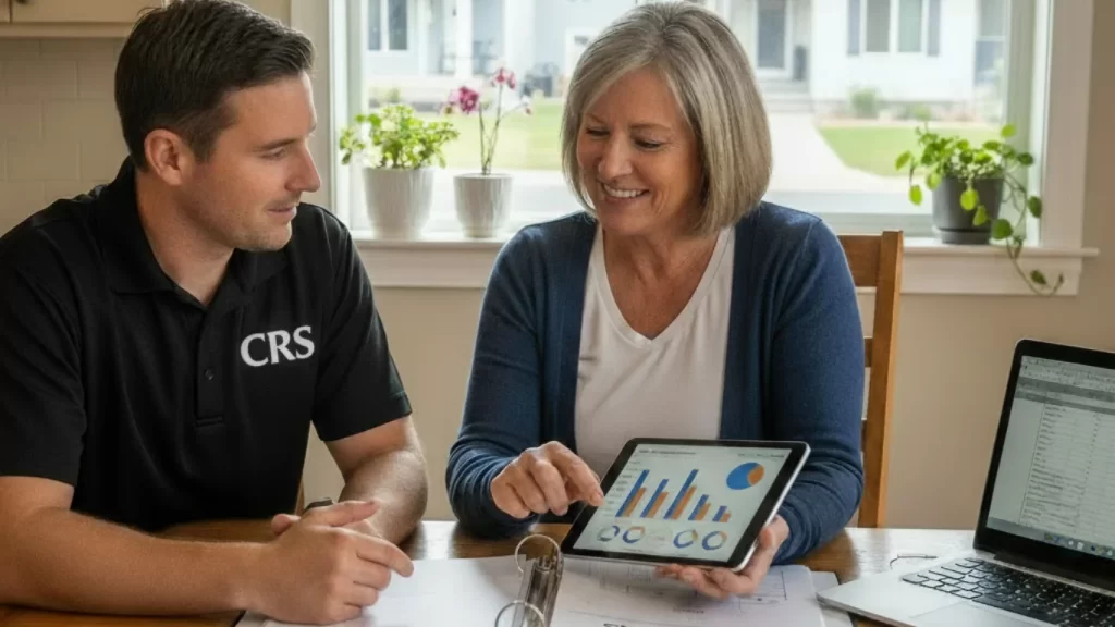Homeowner and roofing contractor reviewing payment plans for roof replacement.
