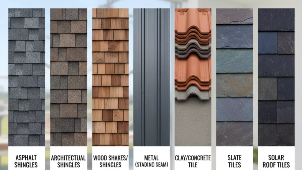 Different roofing materials such as asphalt shingles, metal, and tile with cost comparison.